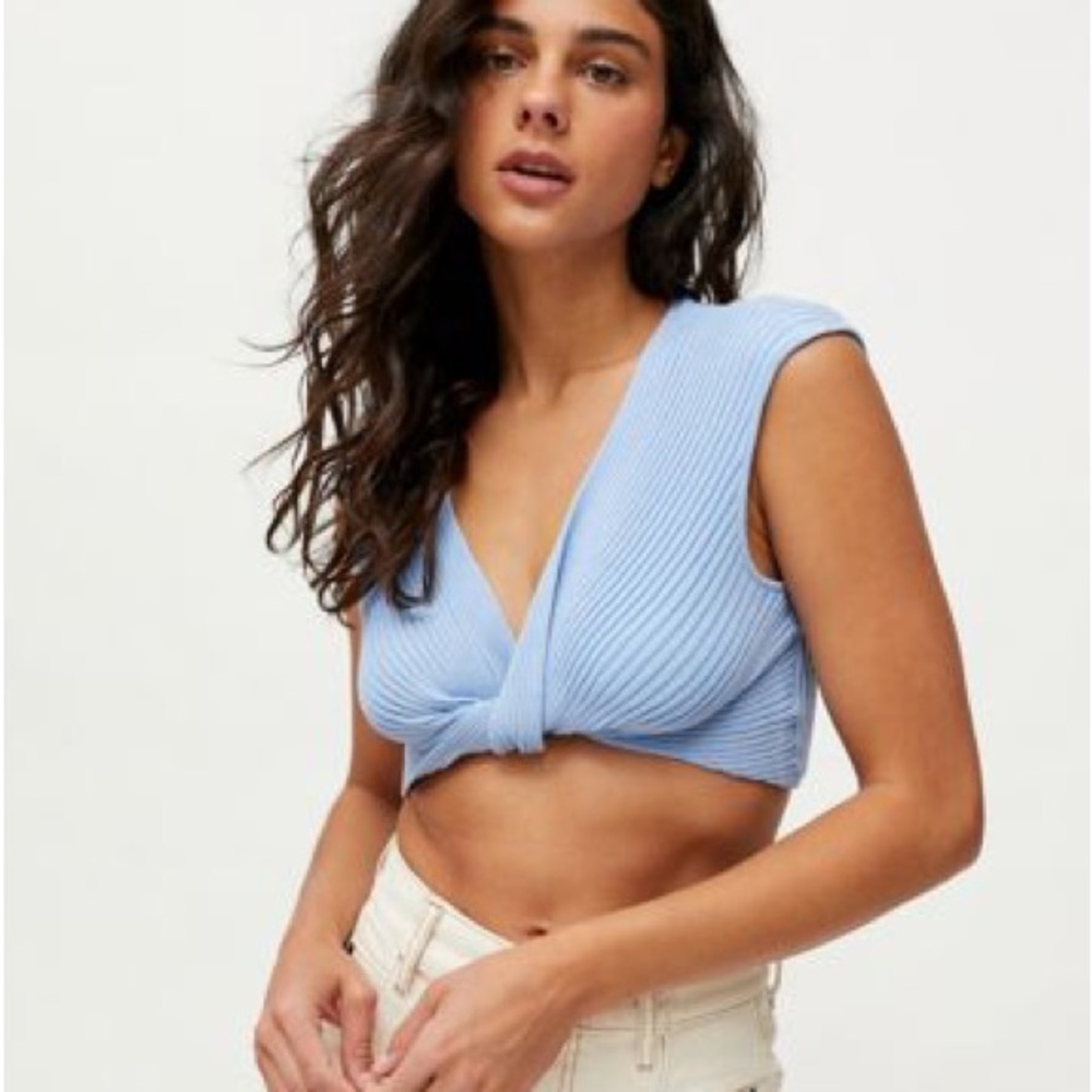 Blue Knit Front Twist Top